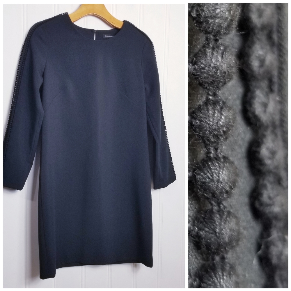 Banana Republic Dress Size 2 Shift Pom Pom 3/4 Sleeve Office Cocktail LBD Black